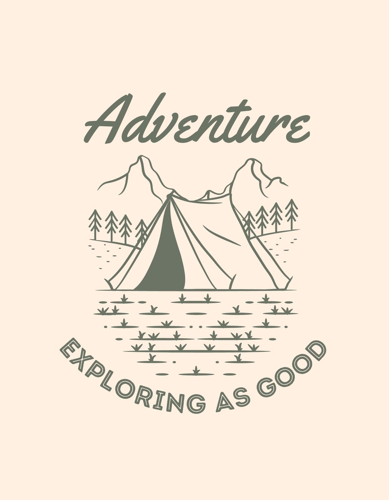 Egy sátor ábrázolása hegyi tájjal és fenyvesekkel, "Adventure" és "Exploring As Good" felirattal, mely a természetes környezet és kalandok iránti szeretetet hangsúlyozza. 