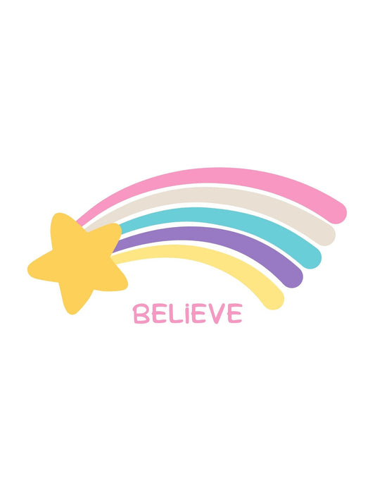 Szivárvány és csillag dizájn a "Believe" szöveggel. 