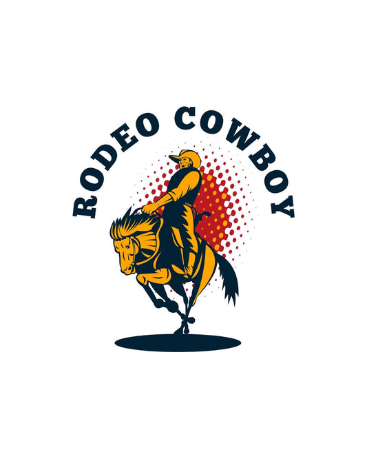 Egy vadnyugati hangulatú dizájn, amely egy rodeózó cowboy-t ábrázol, ahogy éppen egy vadbika hátán maradni próbál. A vörös és sárga színek dinamikát sugallnak, míg a háttérben lévő pontmátrix és a "RODEO COWBOY" felirat erősít a régi idők western hangulatán. 