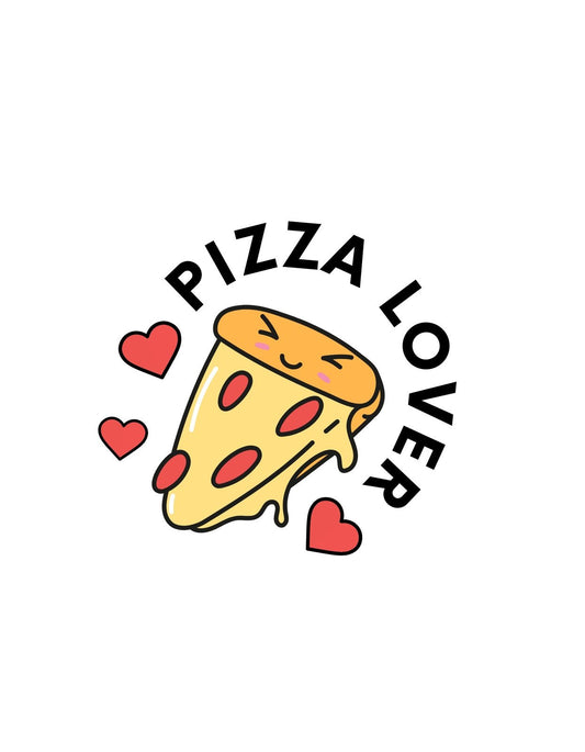 Egy szelet olvadó sajtos pizzát ábrázoló kép, mely körül szívek sorakoznak, a "PIZZA LOVER" felirattal. 