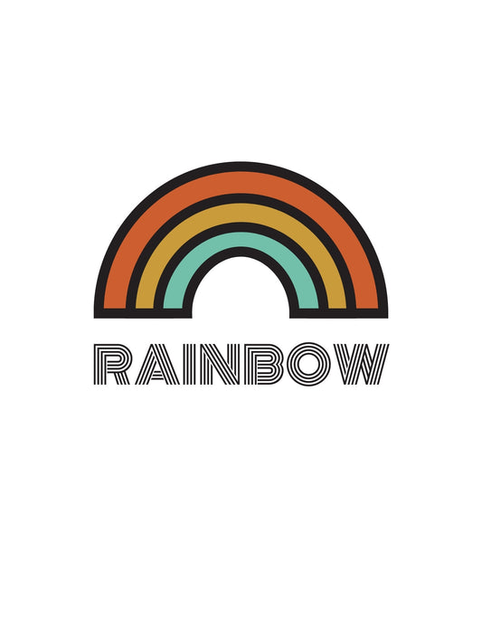 Egy minimalista szivárvány dizájnnal díszített grafika, melyben a színek harmonikusan váltakoznak, alattuk a "RAINBOW" szó különleges betűtípussal. 