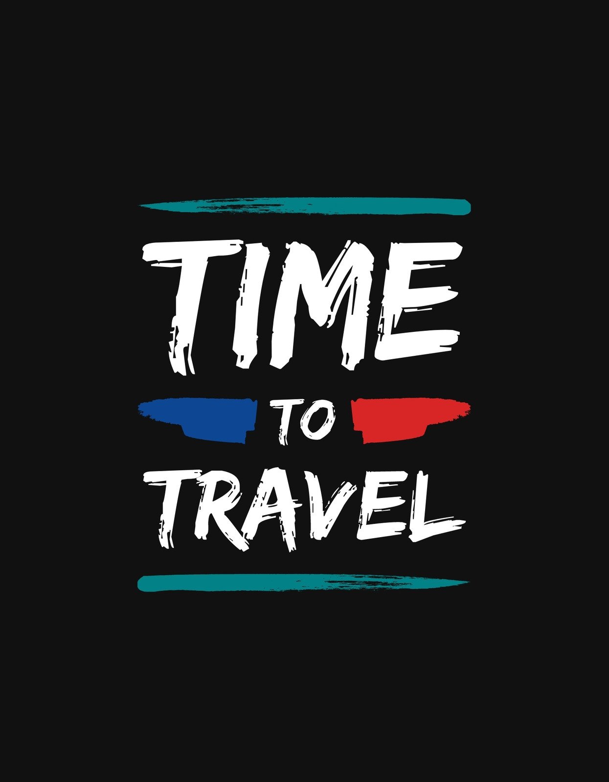 Egy merész és inspiráló dizájn, amely a "Time to Travel" szöveggel hív utazásra, egyedi ecsetvonásszerű betűtípussal és színes hátterű csíkokkal. 