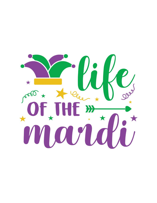 Egy ünneplő hangulatú dizájn, amely a Mardi Gras jellegzetes elemeit, mint a farsangi koronát és dekoratív elemeket ötvözi a "life of the Mardi" felirattal. 