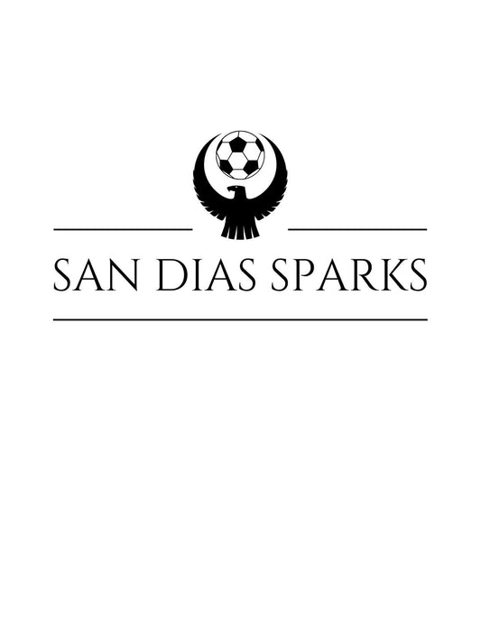 Egy stílusos, minimalista labdarúgás tematikájú grafika, amely egy futball labdát tartó sas sziluettjét ábrázolja fekete-fehér színben, a "SAN DIAS SPARKS" felirattal az alján.