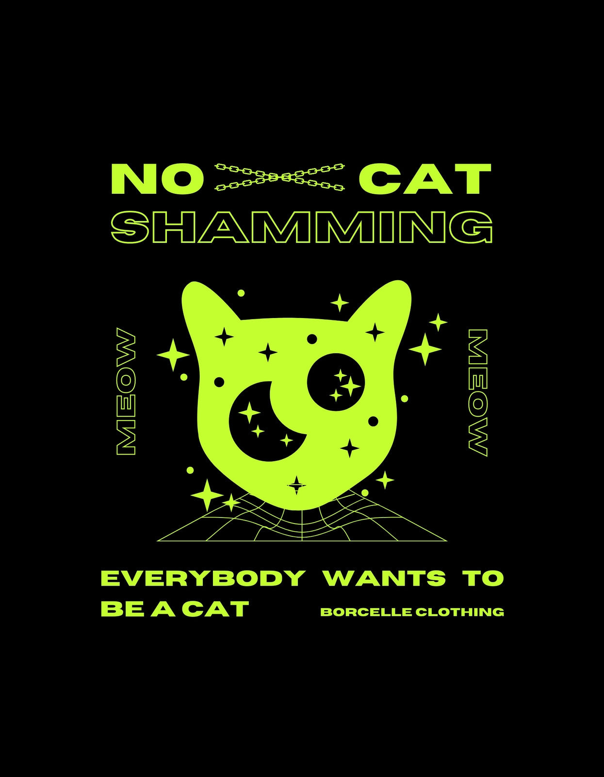 Egy macskaarc grafikája, amely csillagokkal, holdakkal díszített, és a "NO CAT SHAMMING" valamint "EVERYBODY WANTS TO BE A CAT" feliratokkal körülvéve. 