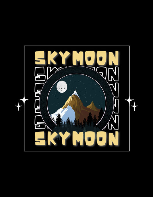 Egy csillagokkal teli éjszakai égbolt alatt magasodik egy hegy csúcsa, előtte sötét fenyőkkel. A dizájn kifinomult, "SKYMOON" felirattal keretezve hozza el az éjszakai égbolt varázsát. 