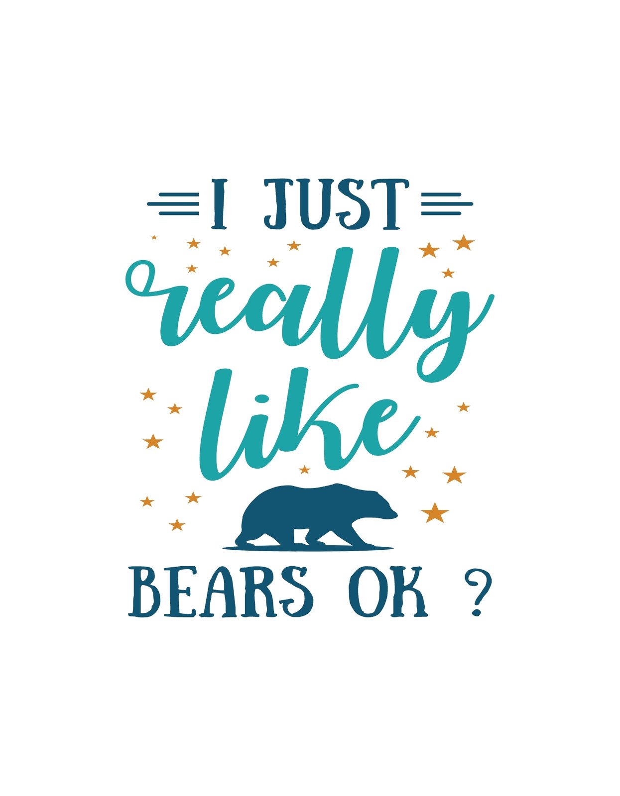 A képen egy vidám hangulatú, medvés szöveges grafika látható, "I Just Really Like Bears OK?" felirattal, kiegészítve csillagokkal és egy stilizált medve ábrával. 