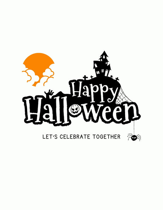 Egy szellemes kastély körvonalazódik a halvány narancssárga holdfényben, szövegbuborékban "Happy Halloween" felirattal, amely hangulatos ünnepi légkört áraszt. A design alján pókhálók és egy barátságos pók teszik teljessé a képet. 