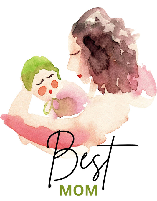 Egy édes anya és gyermek akvarell illusztrációja, mely árasztja a szeretet és gondoskodás érzetét, "Best Mom" felirattal. 