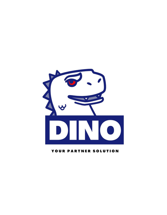 Egy mosolygó dinoszaurusz fejet ábrázoló grafika, amely modern és barátságos hangulatot áraszt. Kék és fehér színek dominálnak, egyedi stílusú betűtípussal, amely a "DINO" szót hordozza. 