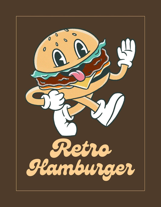 Egy vidám hamburger karakter látható a képen, aki kacsint és kedvesen integet. A barna háttér és a retró betűtípus a vintage hangulatot idézi elő. 