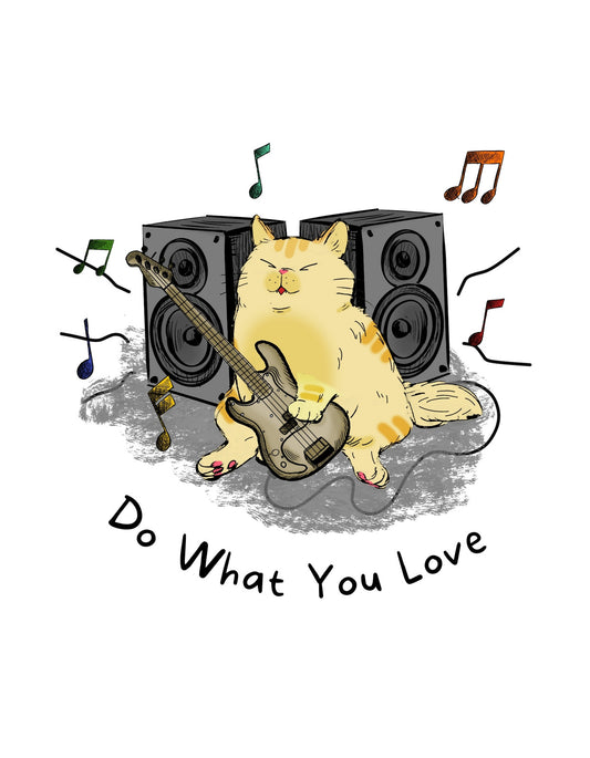 Egy gitározó sárga macska ábrázolva, örömét lelve a zenélésben, hatalmas hangfalak előtt, körülötte kották repkednek. A „Do what you love” felirat inspirálja a szabadságot és szenvedélyt. 