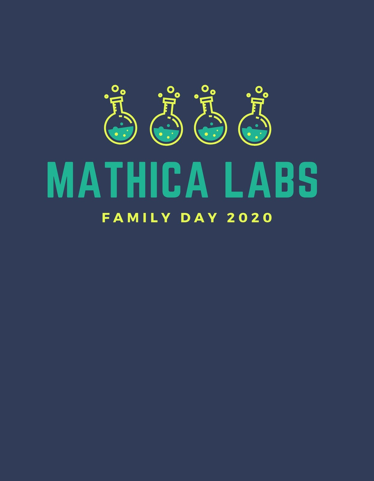 Sötétkék háttéren, csillogó, zöld löttyöt tartalmazó Erlenmeyer-lombikok sorakoznak, fölöttük a "MATHICA LABS" felirat és alattuk a "FAMILY DAY 2020" szöveg látható.