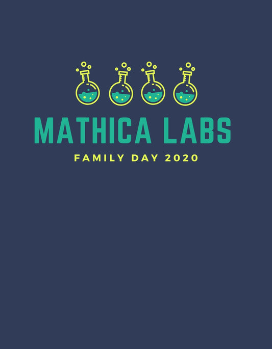 Sötétkék háttéren, csillogó, zöld löttyöt tartalmazó Erlenmeyer-lombikok sorakoznak, fölöttük a "MATHICA LABS" felirat és alattuk a "FAMILY DAY 2020" szöveg látható.