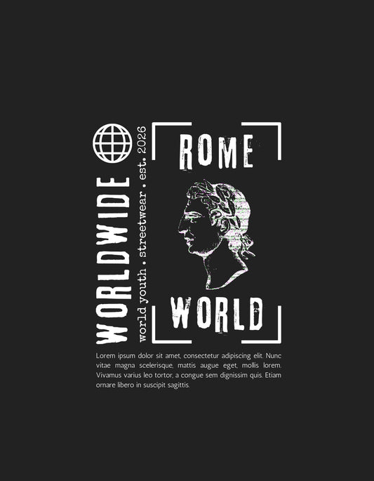 Egy antik szobor profil képe, felette és alatta modern, letisztult betűtípusban "WORLD WIDE" és "ROME" feliratokkal, utalva a világpolgári, utazó stílusra. 