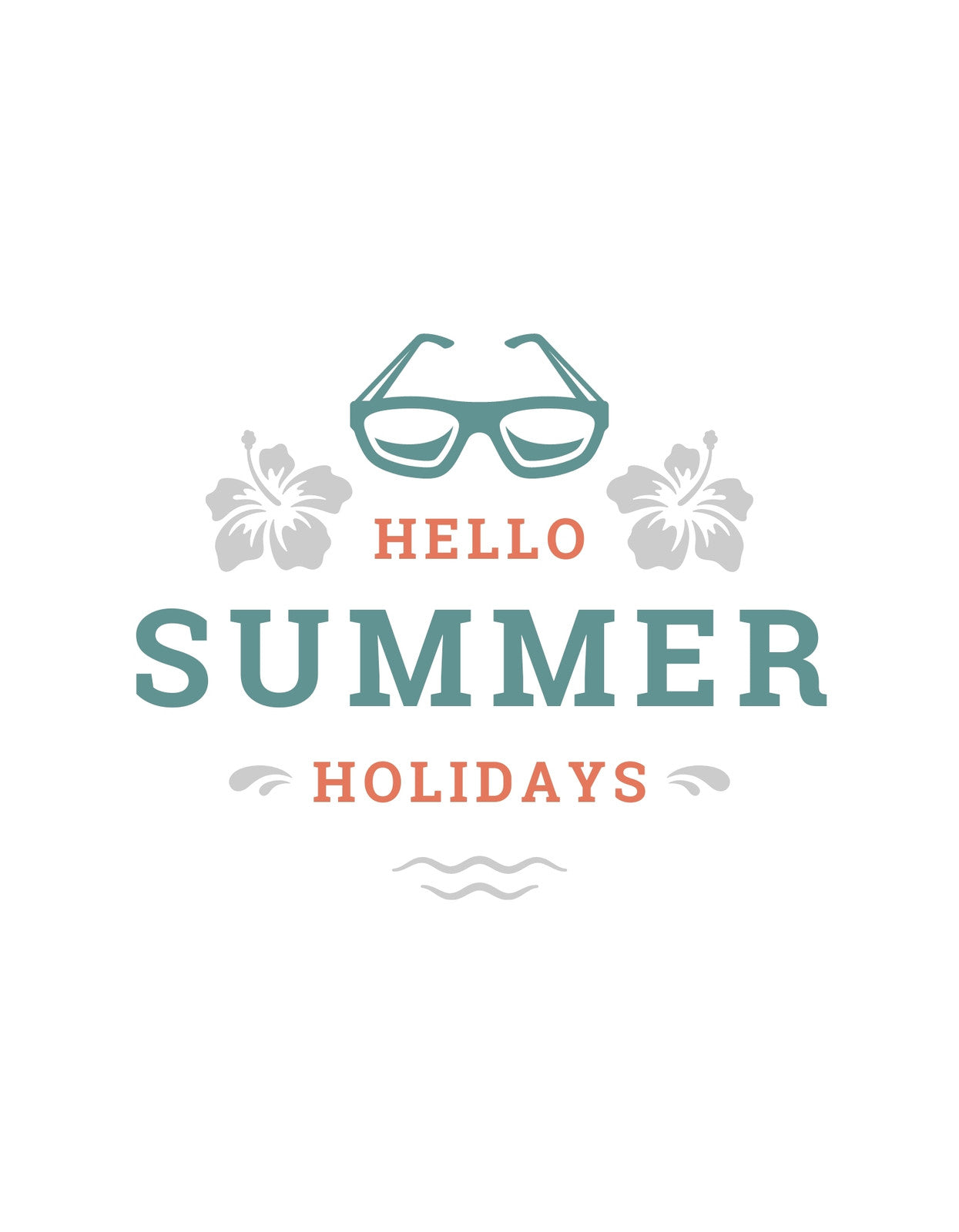 Nyári hangulatot árasztó design, melyen egy napszemüveg, hibiszkusz virágok és hullámos vonalak láthatóak a "HELLO SUMMER HOLIDAYS" felirattal. 