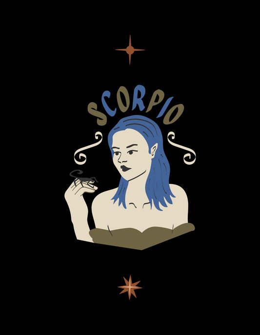 Egy titokzatos női alakot ábrázoló művészeti alkotás, aki a Skorpió csillagjegy szimbólumával a kezében pózol, körülötte csillagokkal és a "SCORPIO" felirattal. 