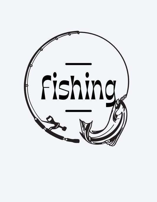 Egy elegáns, kör alakú grafika, mely egy horgász horogra akadt halat ábrázol szimbolikus módon, "fishing" felirattal kombinálva. 