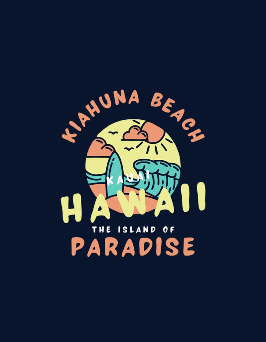 Egy rajzos naplementét ábrázoló dizájn, ami a Hawai Kahuna Beach-t és az "Island of Paradise" feliratot öleli körbe. 