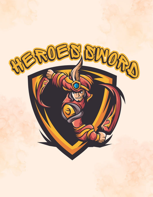 A képen egy hősies karakter látható, aki egy pajzsra támaszkodva vigyorog, és a "Heroes Sword" felirat díszíti a tetejét, ami a hősiesség és kaland szellemét hordozza. 