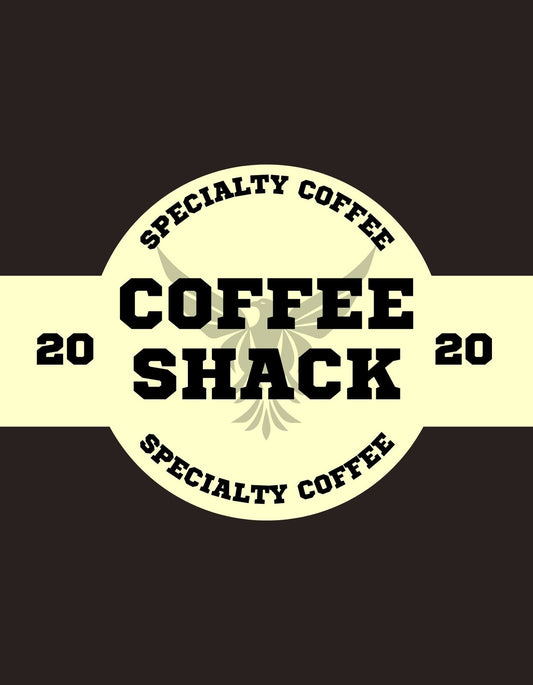 Kávézó tematikájú dizájn, klasszikus bárhangulattal. Nagy betűkkel a "COFFEE SHACK", körülötte "SPECIALTY COFFEE" felirat és évszámmal díszített keret található. 