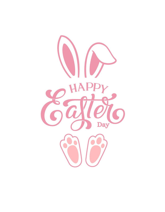 Egy kedves és ünnepi hangulatú húsvéti motívumot látunk, melyen a "Happy Easter Day" felirat körül elhelyezkedő, aranyos nyuszi fülek és lábak láthatók. 