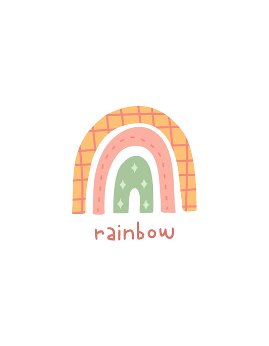 Egy játékos és vidám színű szivárvány ábrázolva, ami különleges mintázatokkal és a "rainbow" szóval van kiegészítve. 