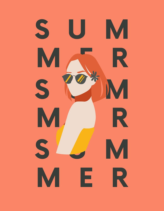 A képen egy stílusos napszemüveges női arc látható, narancssárga háttérrel, ahol a "SUMMER" szó ismétlődik, kifejezve a nyár vidám és laza hangulatát. 