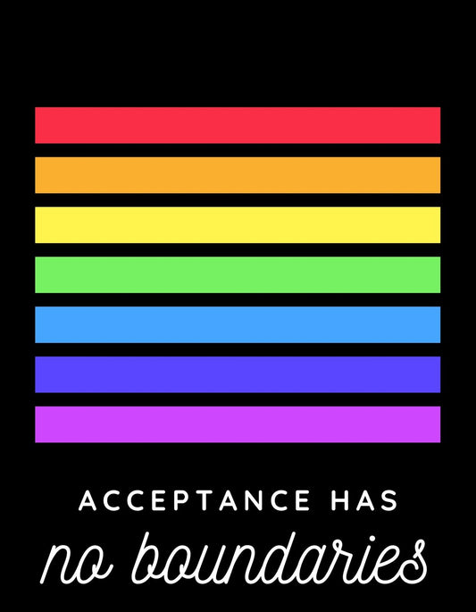 Szivárványszínű csíkok díszelegnek az egyenlőség és befogadás üzenetével, ami alatt a "Acceptance has no boundaries" felirat olvasható. 