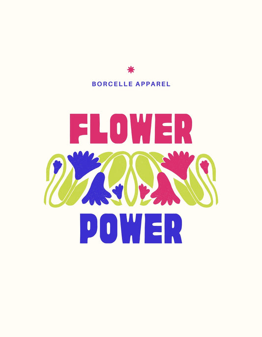 Színes virágos minta díszíti ezt a terméket, vibráló rózsaszín, zöld és kék árnyalatokban. A "FLOWER POWER" felirat kiemeli a természet és az energikusság üzenetét. 