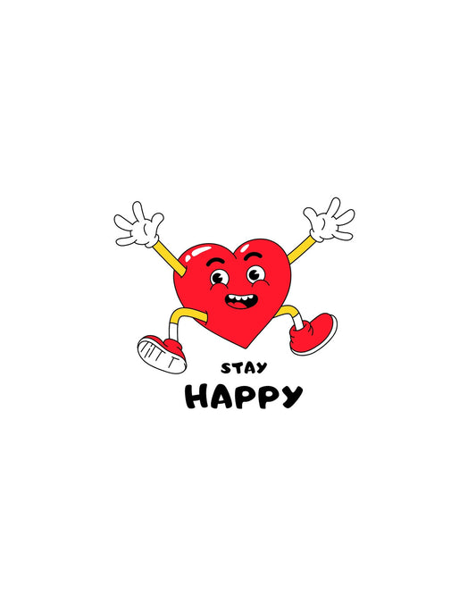 Egy mosolygó szív figurát látunk, amely boldogságot sugárzó pozitúrában kéz- és lábszárnyalatokkal van ábrázolva, körülötte a "Stay Happy" felirattal. 