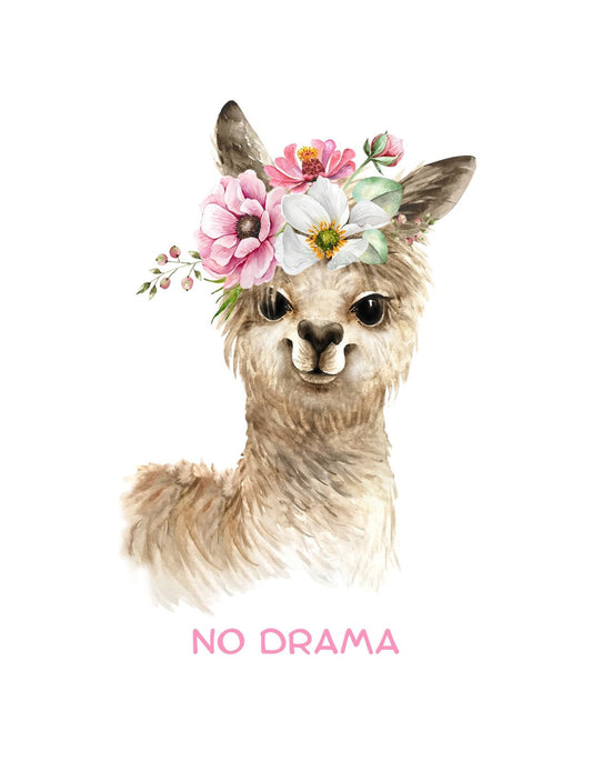 Egy békés tekintetű lámával ábrázoló kép, aki virágkoszorút visel a fején, és az alatta "NO DRAMA" felirat áll. 