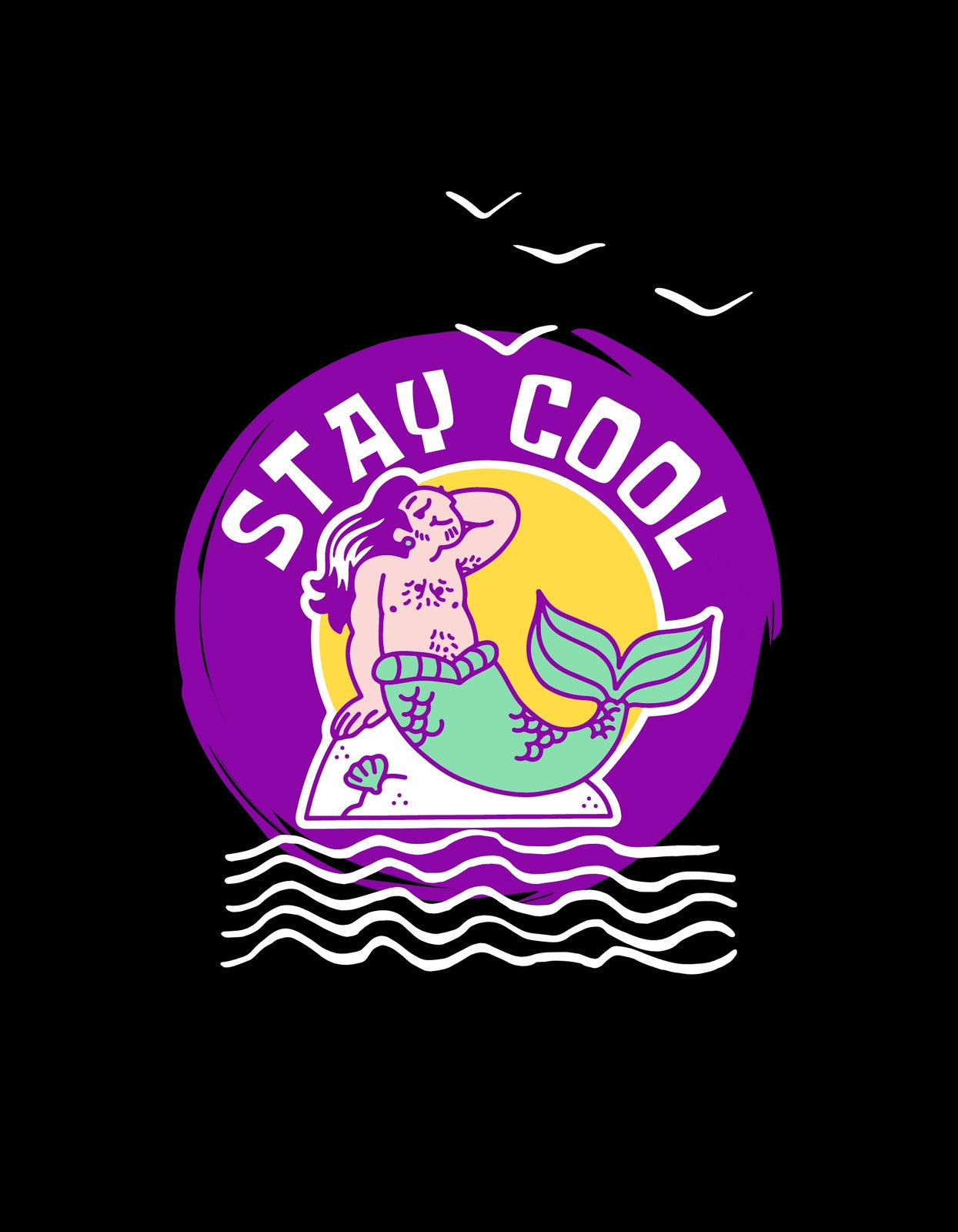 Egy laza, hűvös sellőt ábrázoló kép, aki szörfdeszkán pihen a tenger hullámain. A design egy magával ragadó, trópusi hangulatot áraszt a "STAY COOL" felirattal. 