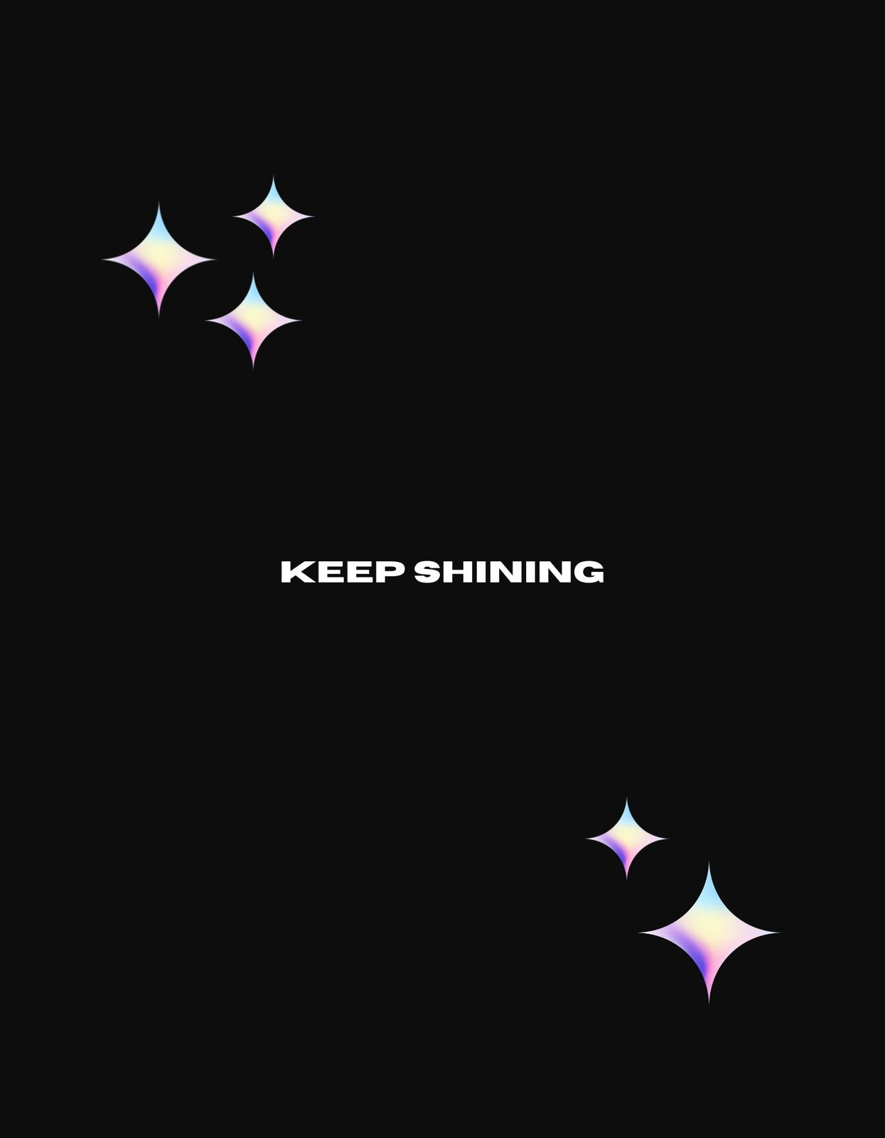 Egy sötét háttér előtt három csillagfény ragyog, közöttük a "KEEP SHINING" felirat kiemelkedik, ihletet és pozitív energiát sugározva. 