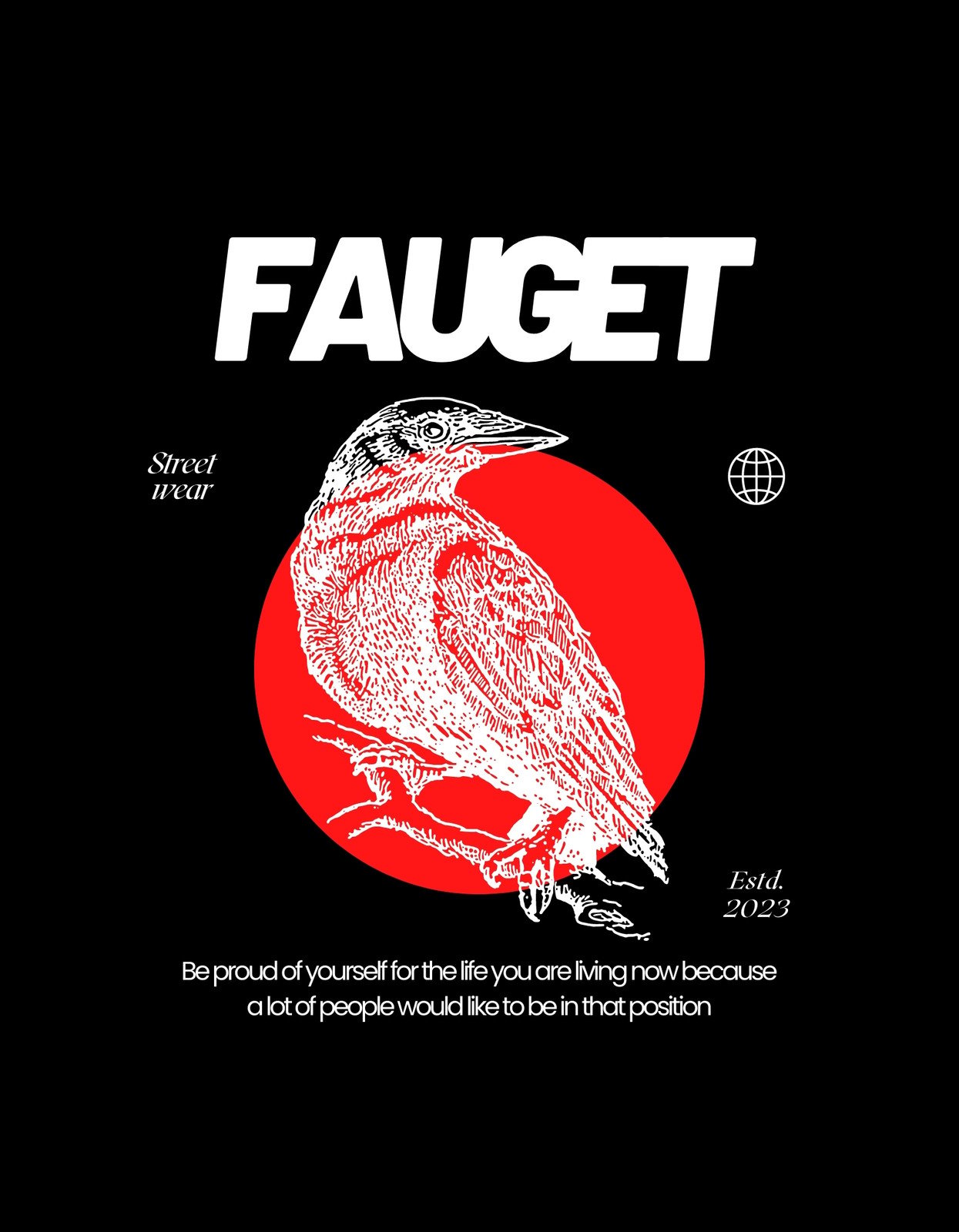 Egy markáns, piros körben helyet kapott madár grafika dominál a képen, amit a "FAUGET" felirat és inspiráló üzenet egészít ki. 