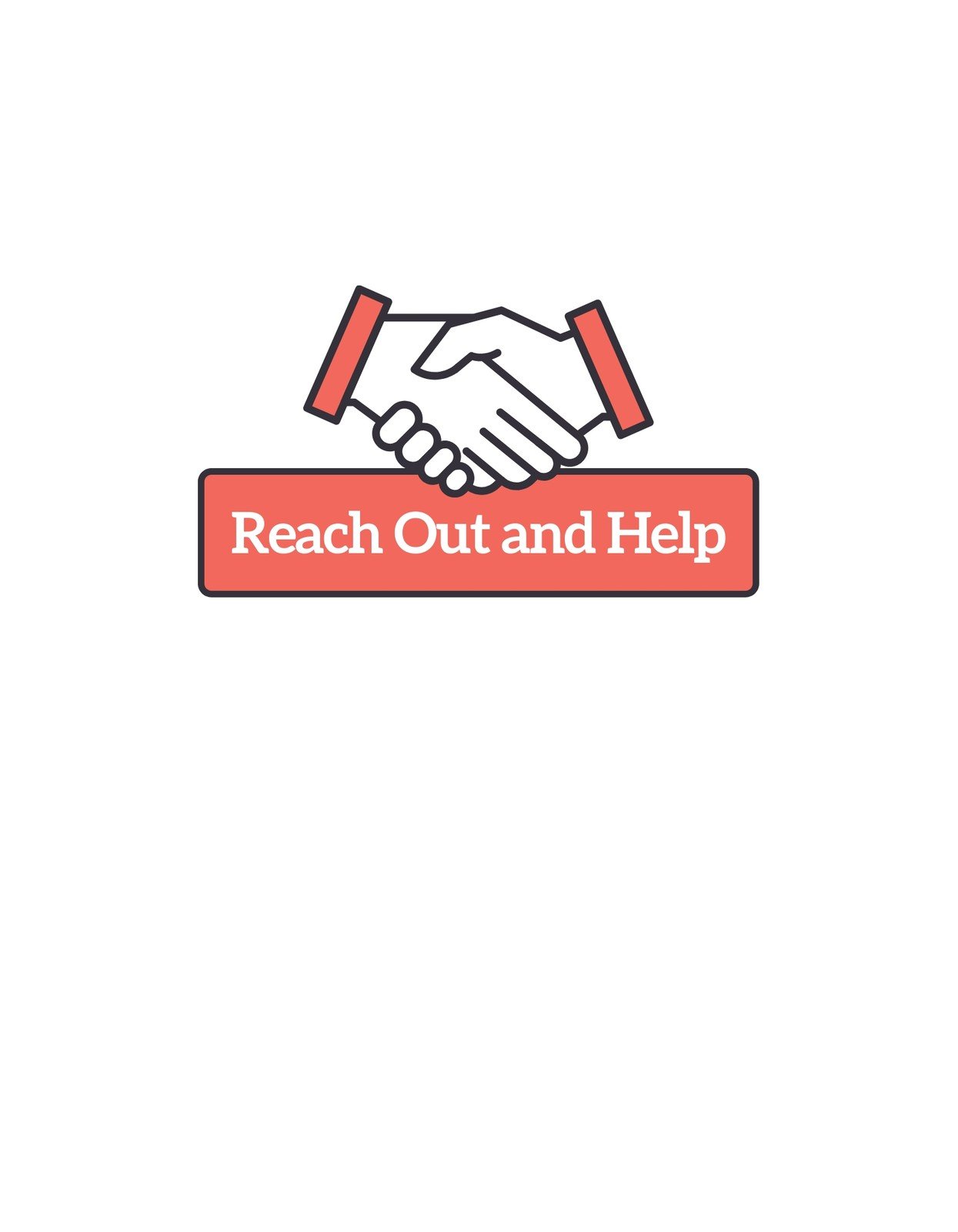 Ez az ábra egy kézfogást ábrázol minimalistikus stílusban, piros és fekete színekkel kiemelve, "Reach Out and Help" szöveggel kiegészülve. Ez a dizájn az összefogás és az egymás segítésének fontosságát hivatott közvetíteni. 