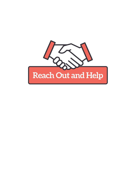 Ez az ábra egy kézfogást ábrázol minimalistikus stílusban, piros és fekete színekkel kiemelve, "Reach Out and Help" szöveggel kiegészülve. Ez a dizájn az összefogás és az egymás segítésének fontosságát hivatott közvetíteni. 