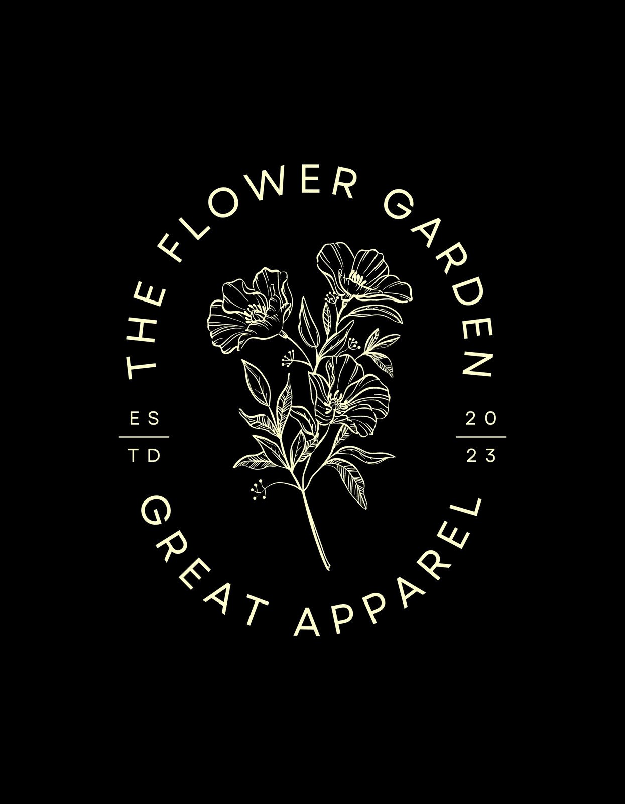 Egy letisztult dizájnú virággrafika, fehér vonalak alkotta virágok és levelek egy sötét háttér előtt, elegáns és modern betűtípusban a "The Flower Garden GREAT APPAREL" felirattal. 