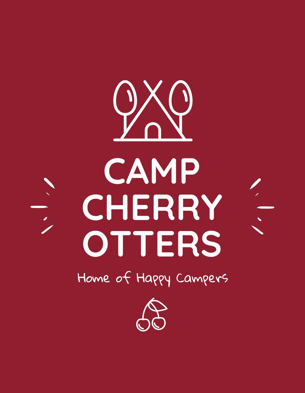 Egy vidám hangulatú tábori jelvényt ábrázoló kép, klasszikus sátorral és cseresznyével, a „Camp Cherry Otters - Home of Happy Campers” felirattal. 