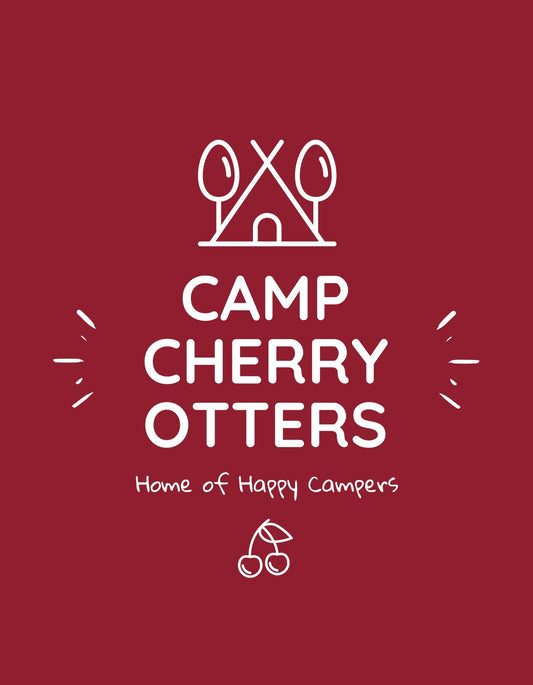 Egy vidám hangulatú tábori jelvényt ábrázoló kép, klasszikus sátorral és cseresznyével, a „Camp Cherry Otters - Home of Happy Campers” felirattal. 