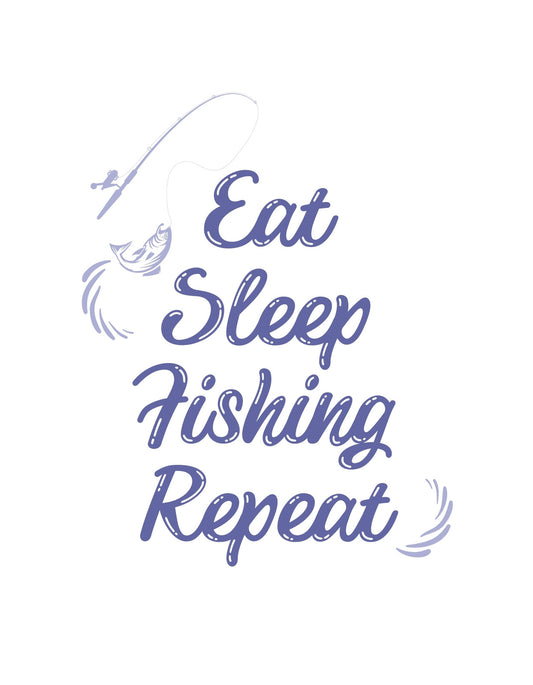 Egy horgászbot ívén átívelő zsinór végén fogásra váró csalink figyel. A kép szavai az "Eat Sleep Fishing Repeat" mondatot formázzák, mely a horgászéletmódot összegzi. 
