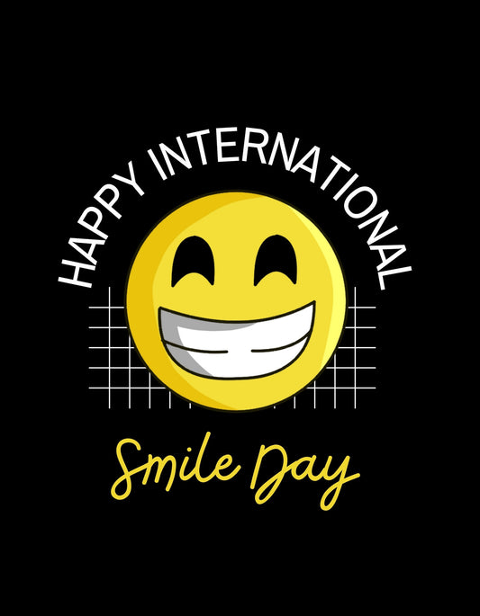 Fekete háttér előtt egy mosolygó arckép ragyog, körülötte a "Happy International Smile Day" felirat olvasható. 