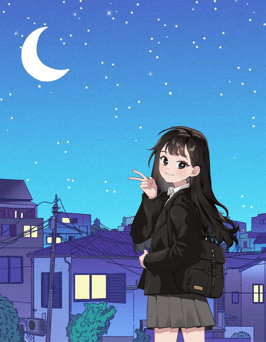 Egy bájos anime lány látható az éjszakai városi égbolt alatt, kezével békét mutatva. A háttérben csillagok százai világítanak a hold fényében, miközben a háztetők szelíd kontúrja körvonalazódik. 