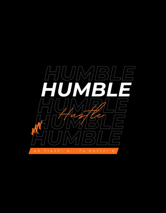 Az ábrán a "HUMBLE" szó többszörösen és méretben variálva jelenik meg, alul narancssárga színben kiegészítve. A design egyedi, dinamikus hatást kelt, magában foglalva egy nyerésre kész attitűdöt és modern stílust. 