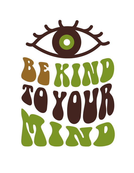 Egy színes és inspiráló grafika, amely egy szem fölött elhelyezett, különböző színekben és betűtípusokban megjelenő "BE KIND TO YOUR MIND" feliratot ábrázol, ami arra ösztönöz, hogy bánjunk kedvesen a saját elménkkel. 