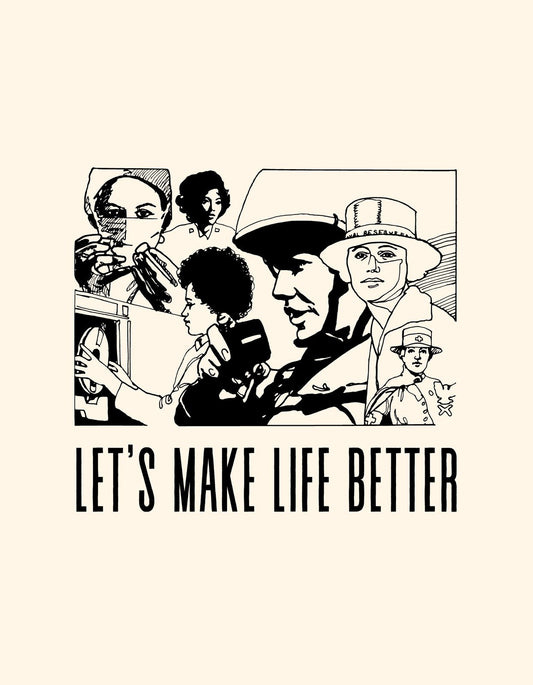 Egy motiváló üzenettel ellátott grafika, amely különböző korokból származó emberek ábrázolásával inspirálja a pozitív változást. Az "Let's Make Life Better" felirat erőteljes üzenetet hordoz. 