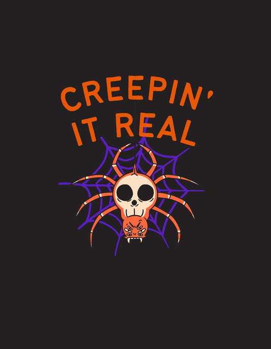 Egy látványos, Halloween hangulatú dizájn, amely egy koponyát ábrázol pókként, narancs és lila színekben, körbevéve pókhálóval és a "CREEPIN' IT REAL" felirattal. 