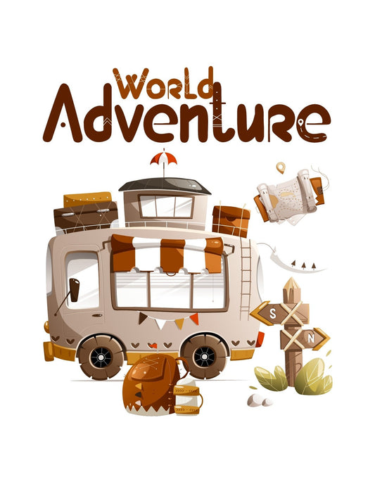 Egy utazáshoz készülő lakóautó, mellette bőröndökkel, térképpel és útjelző táblával, amely a kalandvágyó szellemet idézi. Felirat: "World Adventure". 