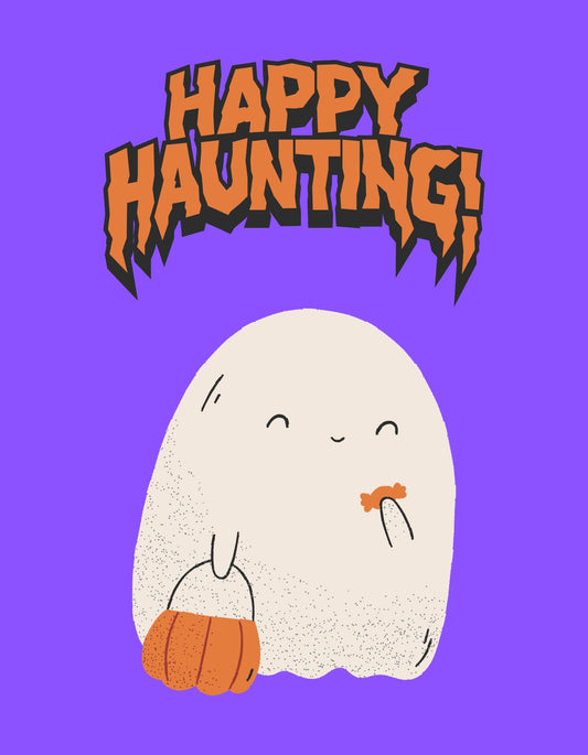 Egy mosolygó kis szellem és a "Happy Haunting!" felirat dominálja ezt a kedves, ünnepi képet, ami vidám Halloween hangulatot áraszt. 