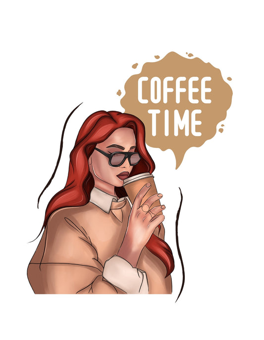 Egy vörös hajú, napszemüveges nő élvezi kávéját, mellyel egy kellemes szünetet szimbolizál. A dizájn modern és lazán elegáns, tökéletes kiegészítője lehet egy pihenős napnak. 